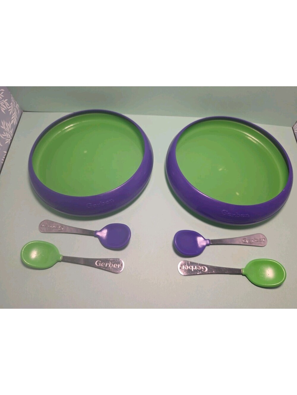 2 New Sets Gerber Dinnerware 6" Plates & Utensils Purple & Green